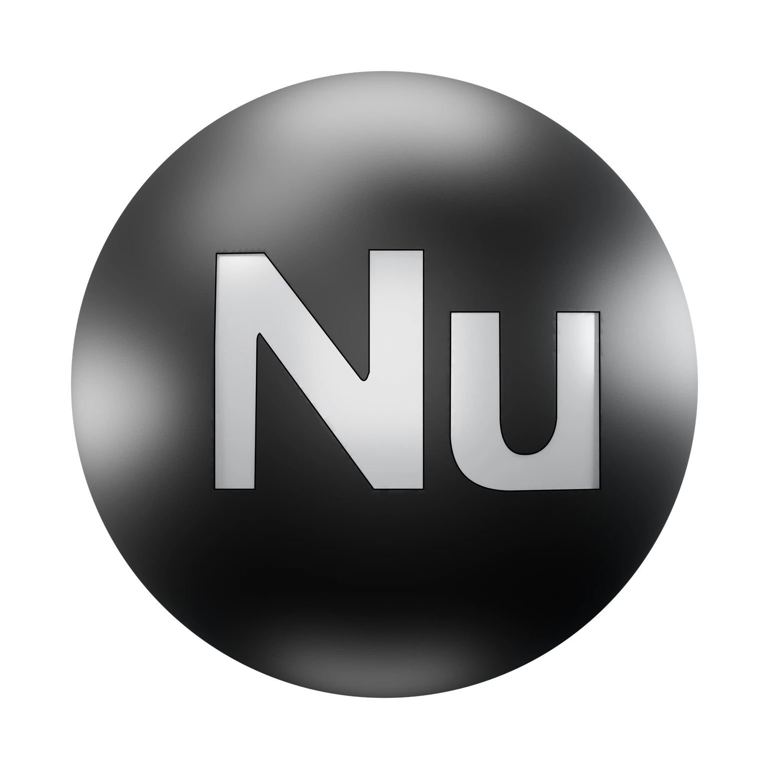 Nu Element Media logo, silver Nu lettering recessed into a black sphere.